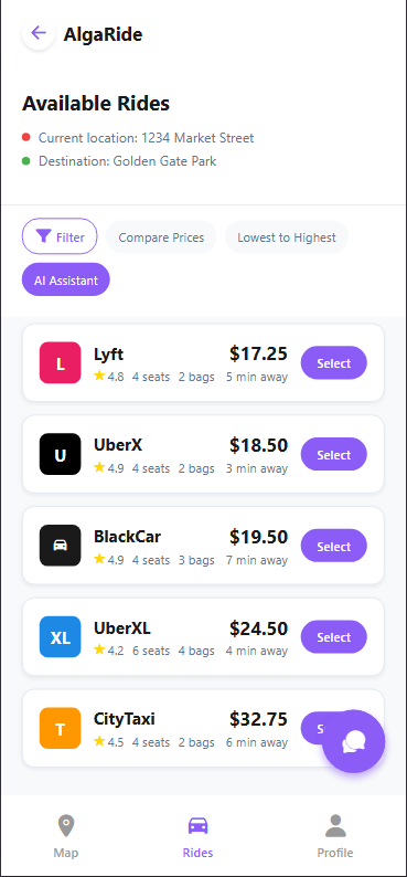 AlgaRide AI Aggregator App